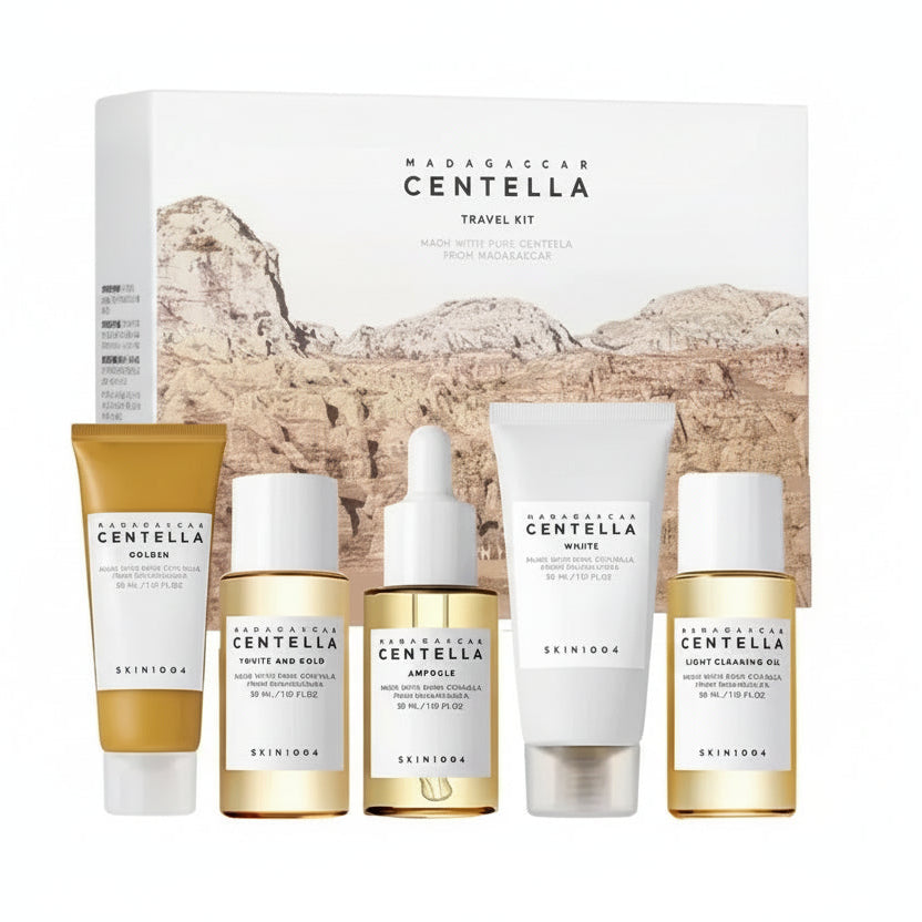 Centella Travel Skincare Set with packaging on a beige background