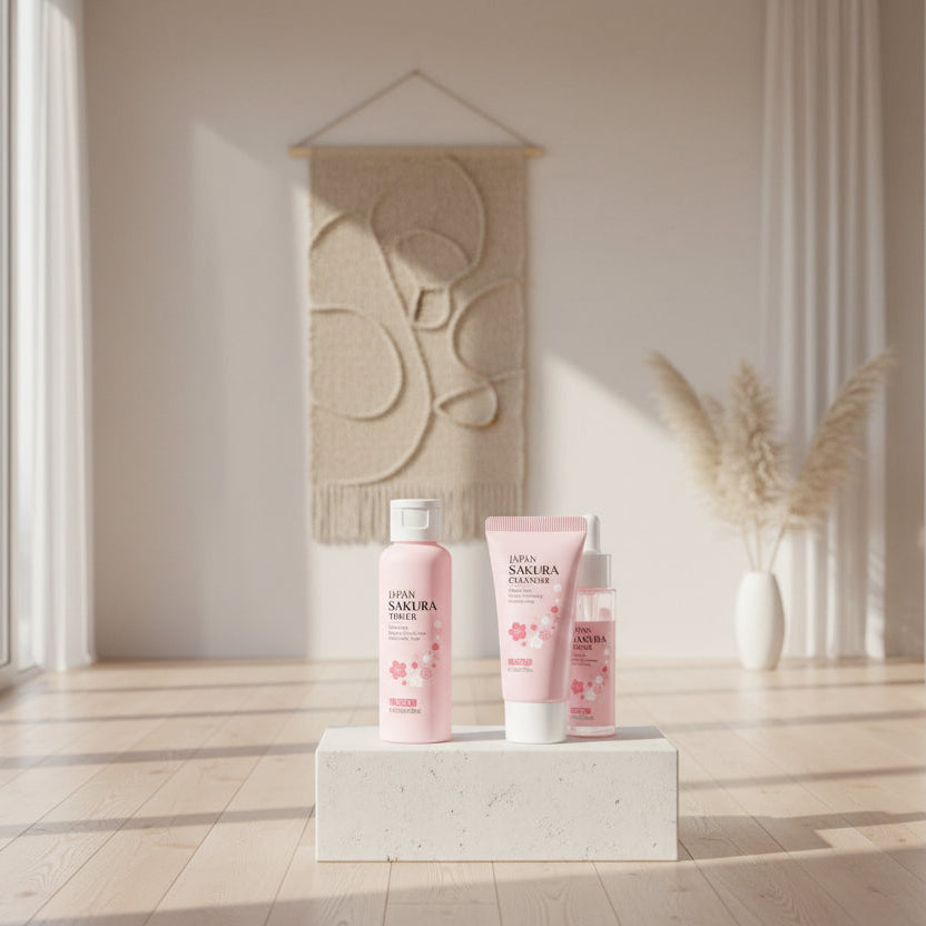 Skincare products with 'Japan Sakura' branding on a pink background