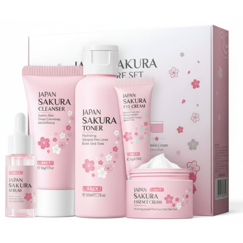 Japan Sakura skincare product set with various bottles and a box on a white background
