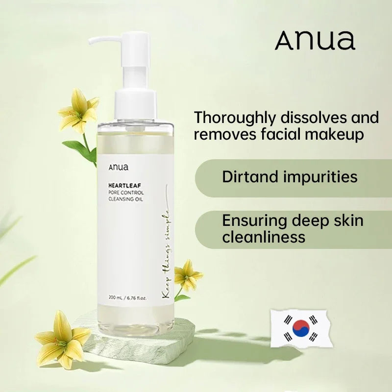 Anua cleansing oil bottle with text on a light green background