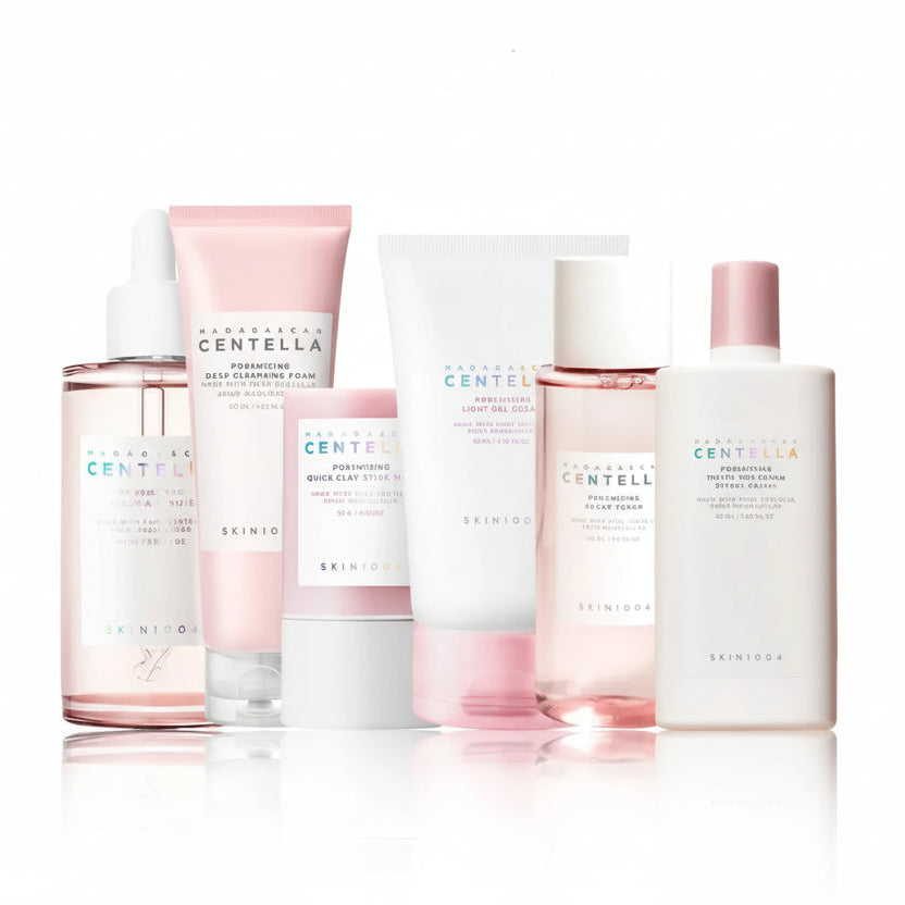 Set of Centella Asiatica Pink Salt Pore Series skincare products on a white background