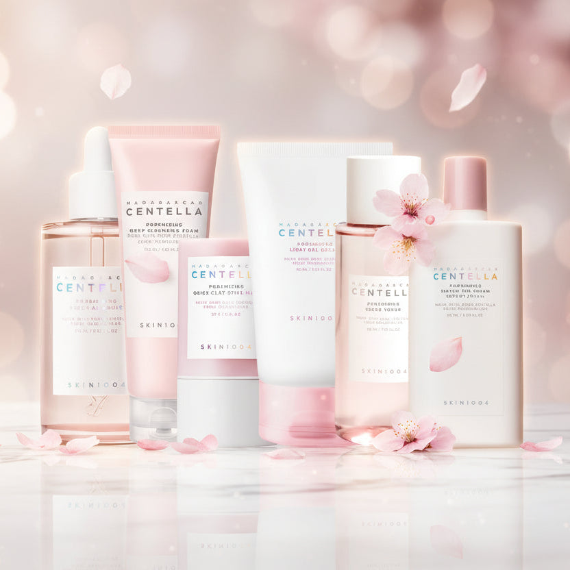 Set of skincare products with pink and white packaging on a white background