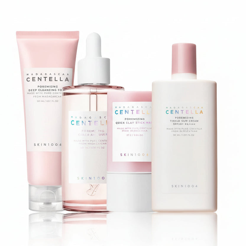 Skincare products from the Centella Asiatica Pink Salt Pore Series on a white background
