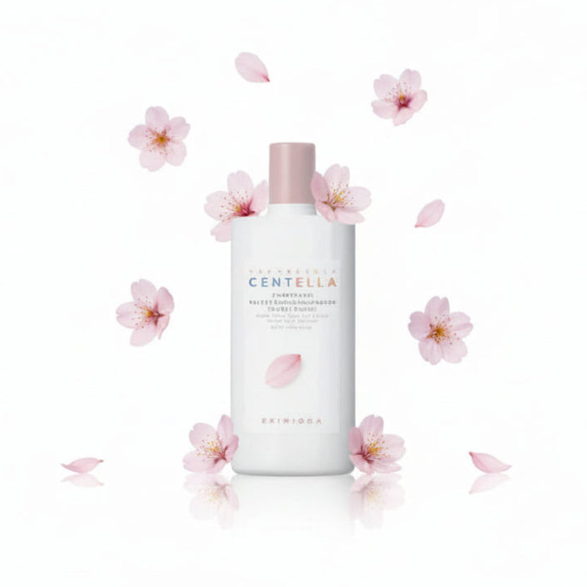 White bottle with pink cap on a pink background, featuring Centella branding and vegan certification logos.