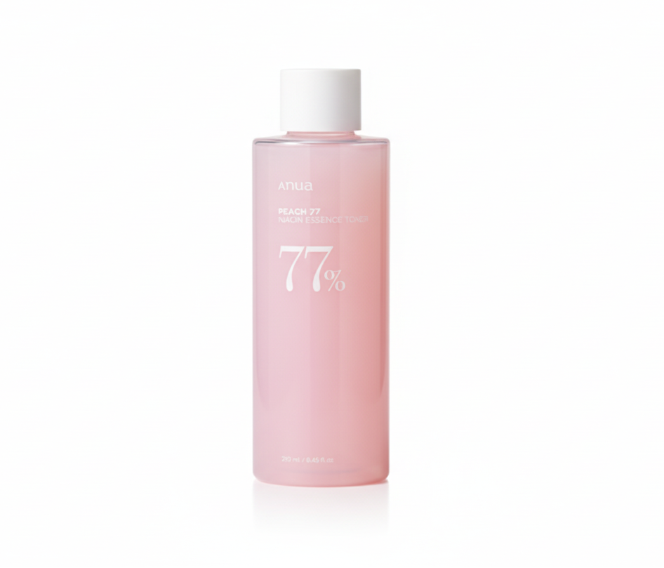 Skincare bottle with peach slices on a beige background